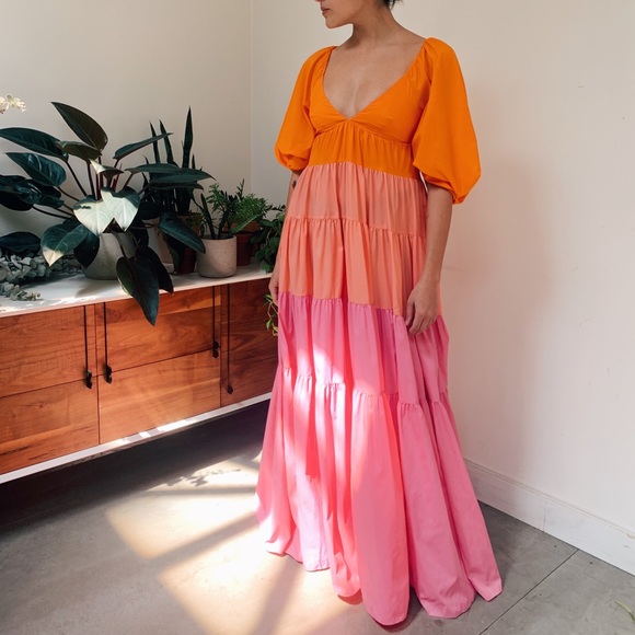 STAUD | NWT!! Pink Meadow Tiered Crepe De Chine Maxi Dress size: XS - Picture 5 of 12